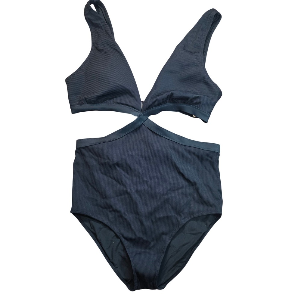Aerie Real Good Ribbed Cutout One Piece Swimsuit Black High Neck Size L Long